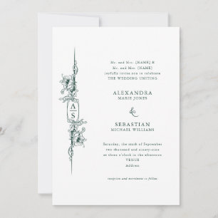 Elegant Baroque Floral Crest Emerald Green Wedding Invitation