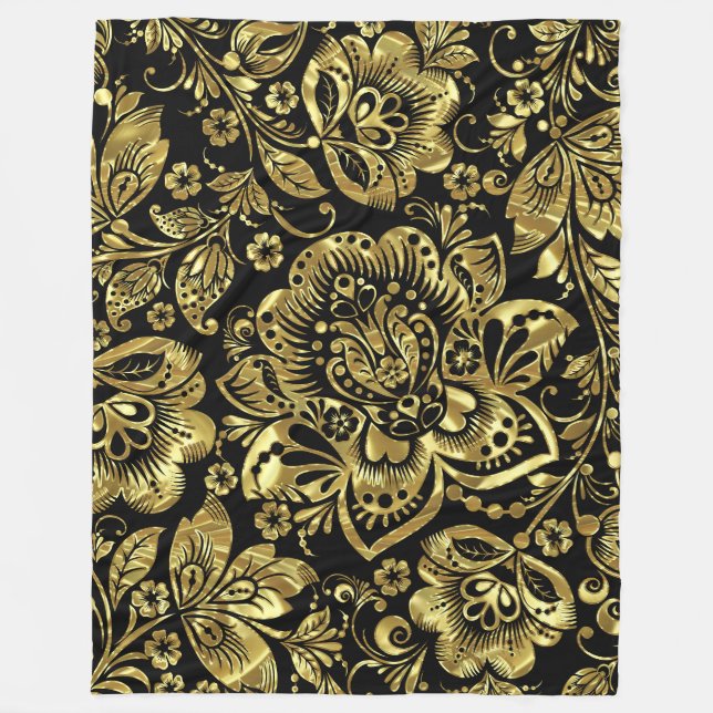 Elegant Baroque Floral Damasks In Gold & Black Fleece Blanket (Front)