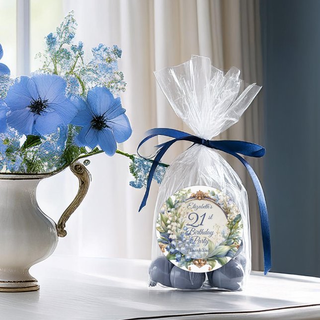 Elegant Baroque Floral Frame 21st Birthday Party Classic Round Sticker (Elegant Baroque Floral Frame 21st Birthday Party Thank You Favor Classic Round Sticker)