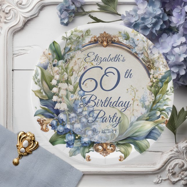 Elegant Baroque Floral Frame 60th Birthday Party Paper Plate (Elegant Baroque Lily of the Valley and Hawthorn Floral Frame 60th Birthday Party Paper Plates)