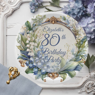 Elegant Baroque Floral Frame 80th Birthday Party Paper Plate