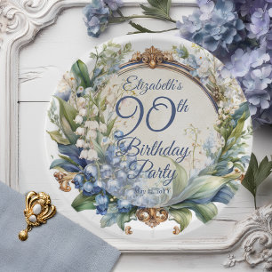 Elegant Baroque Floral Frame 90th Birthday Party Paper Plate