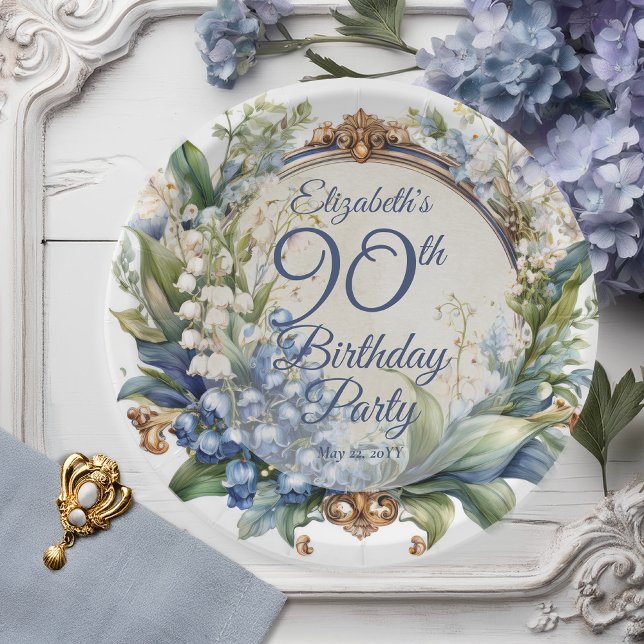 Elegant Baroque Floral Frame 90th Birthday Party Paper Plate (Elegant Baroque Lily of the Valley and Hawthorn Floral Frame 90th Birthday Party Paper Plates)