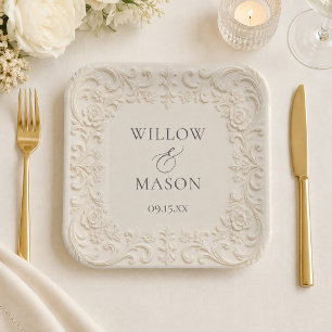 Elegant Baroque Floral Ivory Scrollwork Wedding Paper Plate