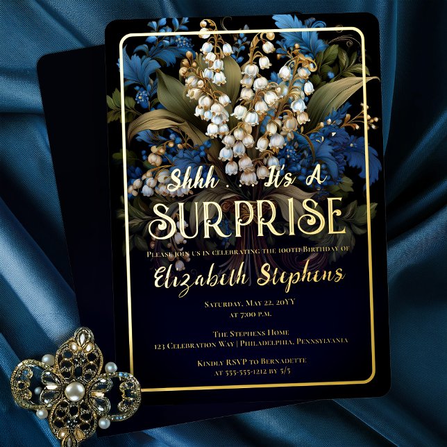 Elegant Baroque Floral Surprise 100th Birthday (Elegant Baroque Style Dark Moody Blue | White Floral SURPRISE 100th Birthday Party Gold Foil Invite)