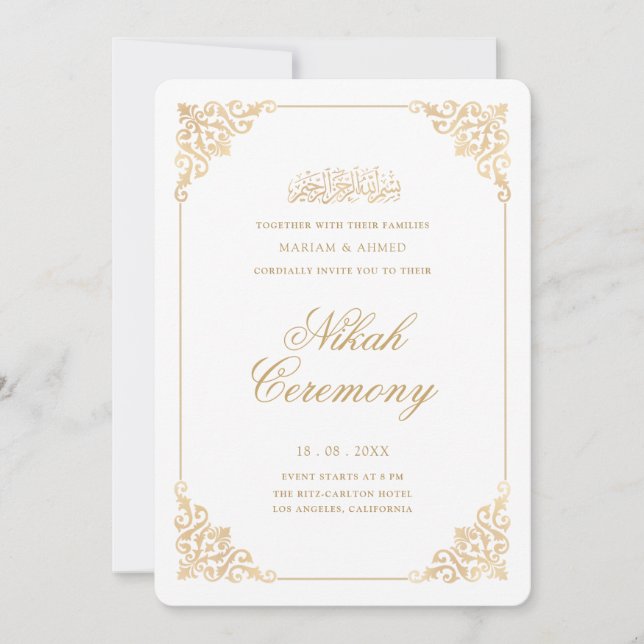 Elegant Baroque Frame Gold Script Nikah Ceremony Invitation (Front)