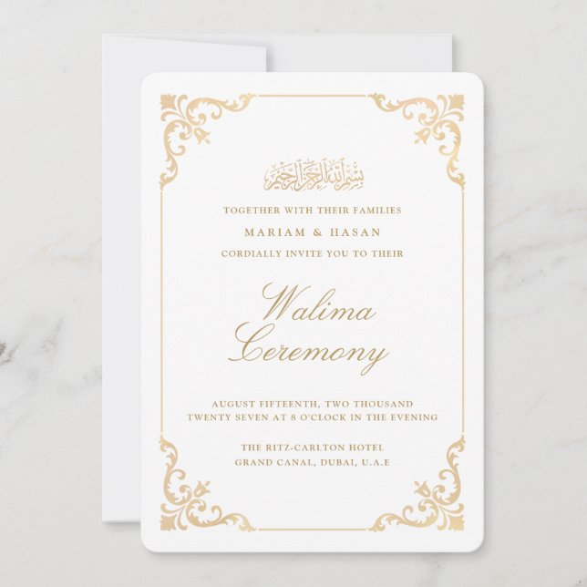 Elegant Baroque Gold Frame Script Walima Ceremony Invitation (Front)