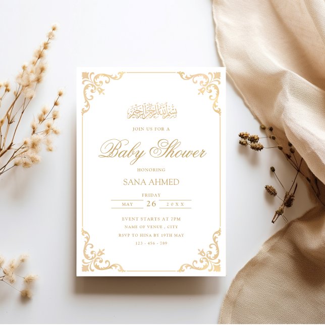 Elegant Baroque Gold Script Muslim Baby Shower Invitation (Creator Uploaded)