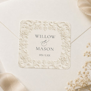 Elegant Baroque Ivory Floral Scrollwork Wedding Square Sticker