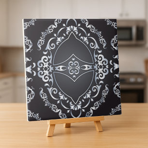 Elegant Baroque Luxury Chic Black & Silver Border Tile