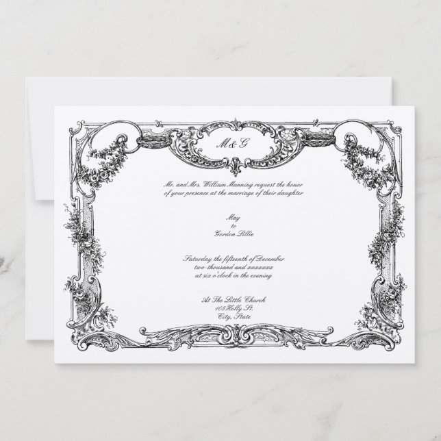 Elegant Baroque Rococo Rose Floral Border Wedding Invitation (Front)