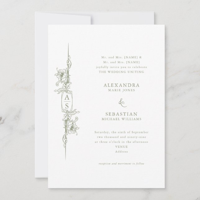 Elegant Baroque Sage Green Floral Formal Wedding Invitation (Front)