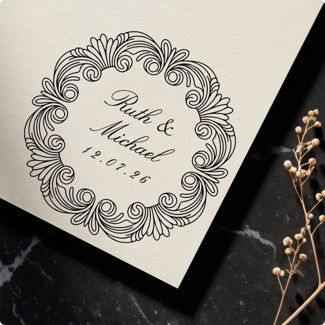 Elegant Baroque Scroll Wedding Date & Names Self-inking Stamp (Creator Uploaded)