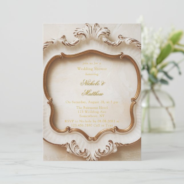 Elegant Baroque Style White Gold Wedding Invitation (Standing Front)