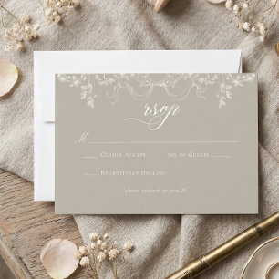 Elegant Baroque Vintage Neutral Tan Ivory Wedding RSVP Card