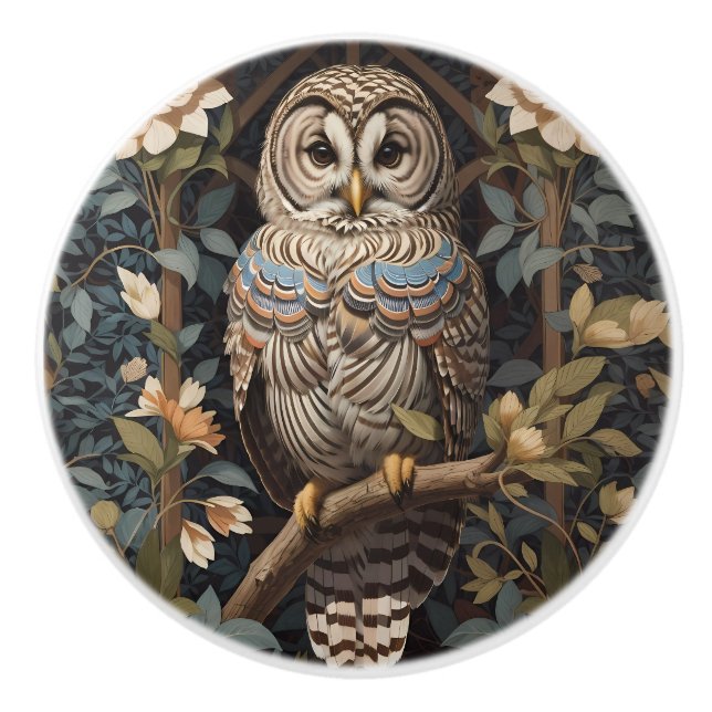 Elegant Barred Owl William Morris Inspired Ceramic Knob (Front)