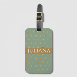 Elegant Basil Green and Gold Polka Dots Luggage Tag