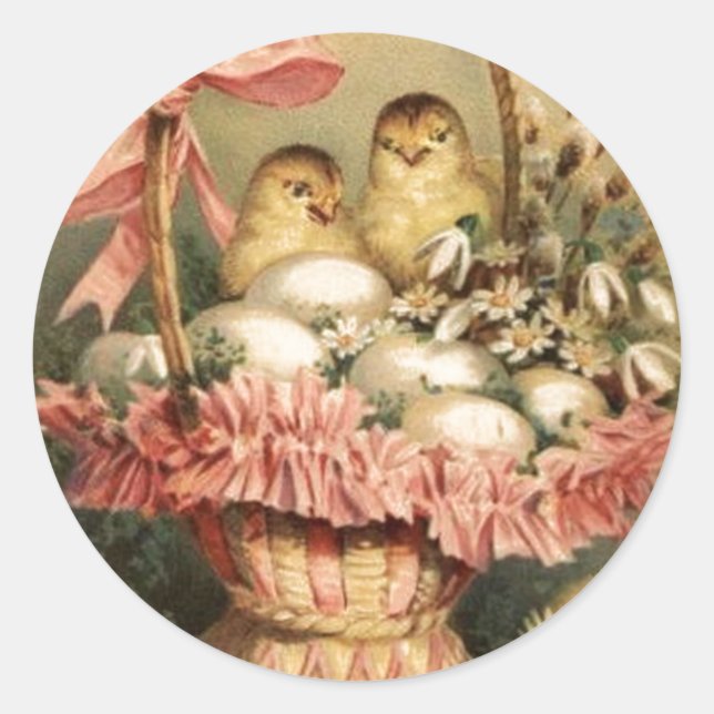 ELEGANT BASKET ,CHICKENS,FLOWERS AND EASTER EGGS CLASSIC ROUND STICKER (Front)