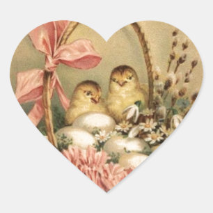 ELEGANT BASKET ,CHICKENS,FLOWERS AND EASTER EGGS HEART STICKER
