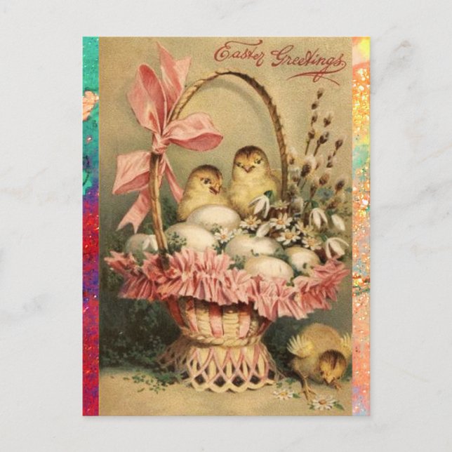 ELEGANT BASKET ,CHICKENS,FLOWERS AND EASTER EGGS HOLIDAY POSTCARD (Front)