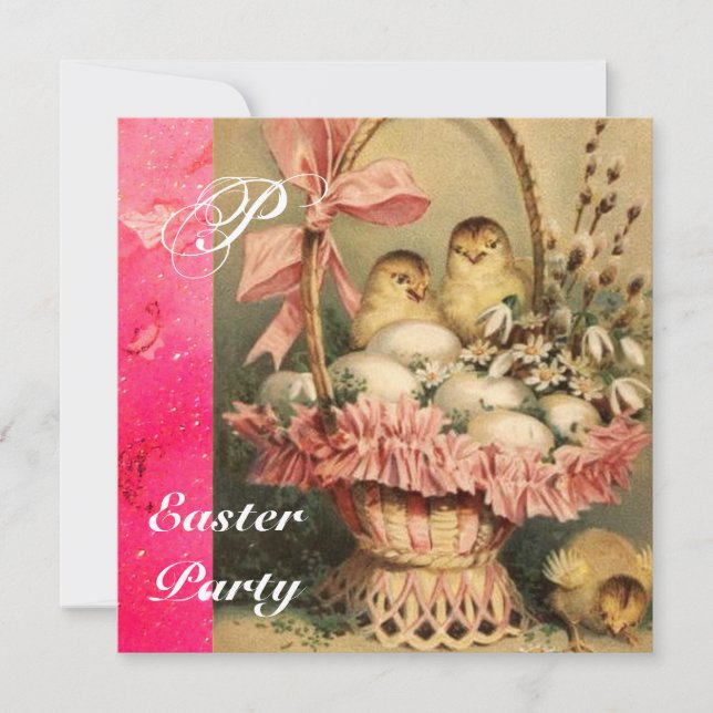ELEGANT BASKET ,CHICKENS,FLOWERS AND EASTER EGGS INVITATION (Front)
