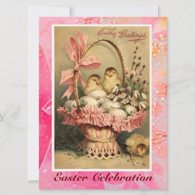 ELEGANT BASKET ,CHICKENS,FLOWERS AND EASTER EGGS INVITATION (Front)