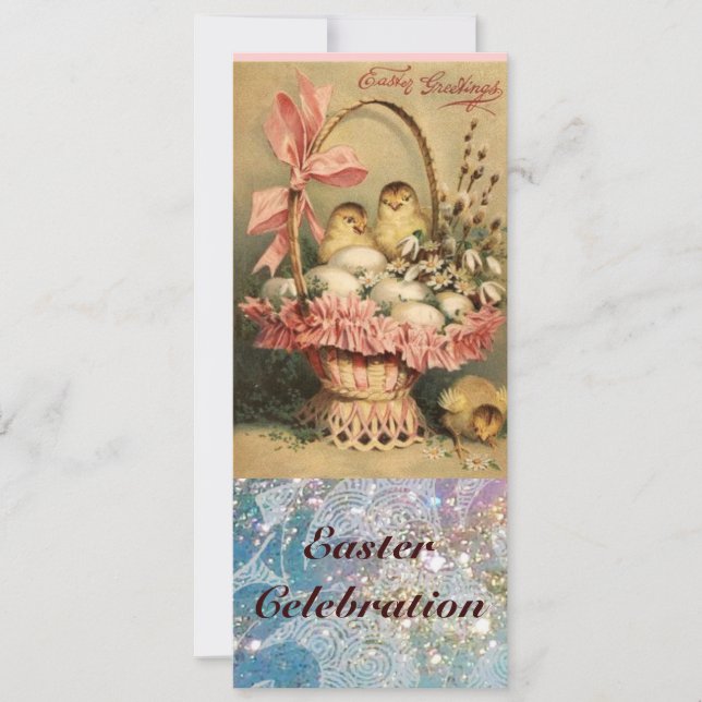 ELEGANT BASKET ,CHICKENS,FLOWERS AND EASTER EGGS INVITATION (Front)