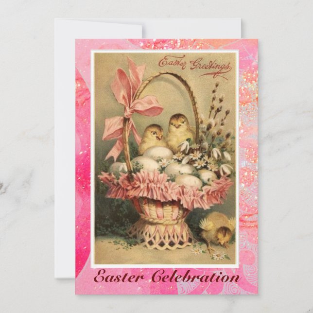 ELEGANT BASKET ,CHICKENS,FLOWERS AND EASTER EGGS INVITATION (Front)