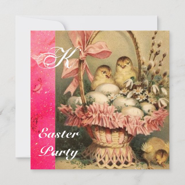 ELEGANT BASKET ,CHICKENS,FLOWERS AND EASTER EGGS INVITATION (Front)