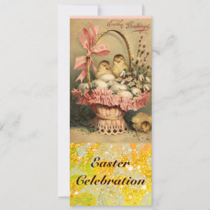 ELEGANT BASKET ,CHICKENS,FLOWERS AND EASTER EGGS INVITATION