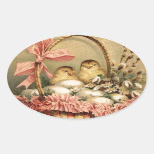 ELEGANT BASKET ,CHICKENS,FLOWERS AND EASTER EGGS OVAL STICKER