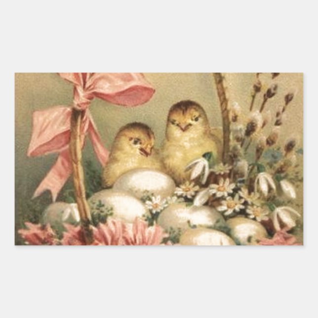 ELEGANT BASKET ,CHICKENS,FLOWERS AND EASTER EGGS RECTANGULAR STICKER (Front)