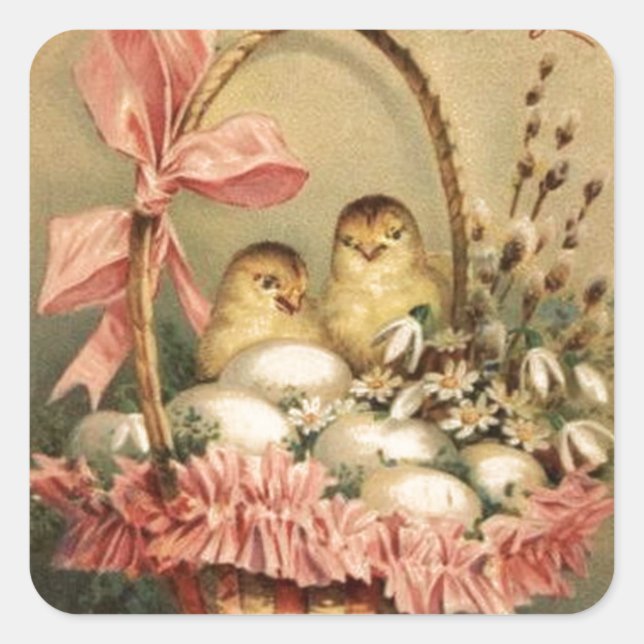 ELEGANT BASKET ,CHICKENS,FLOWERS AND EASTER EGGS SQUARE STICKER (Front)
