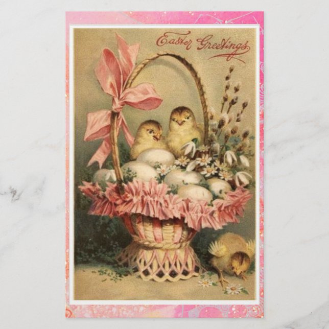 ELEGANT BASKET ,CHICKENS,FLOWERS AND EASTER EGGS STATIONERY (Front)