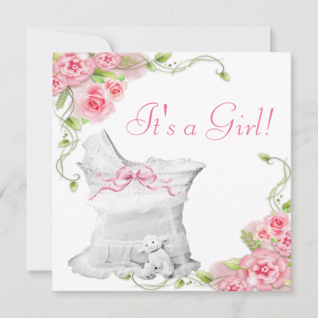 Elegant Bassinet Pink Rose Baby Shower Invitation (Front)