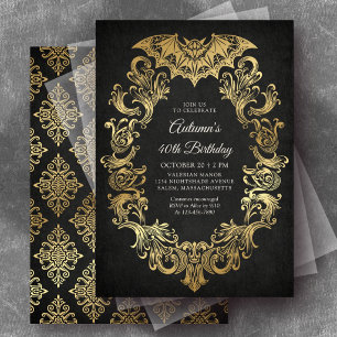 Elegant Bat Gold Halloween Birthday Invitation