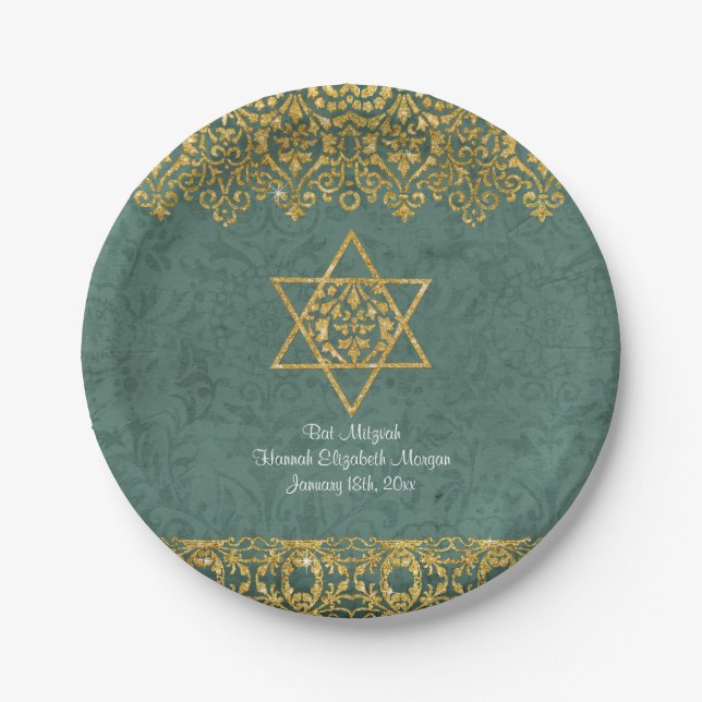 Elegant Bat Mitzvah Celebration Party Gold Glitter Paper Plate (Front)