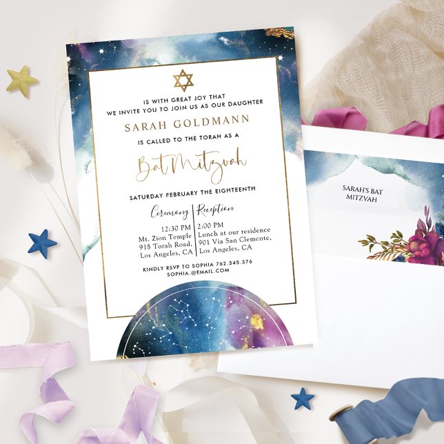 Elegant Bat Mitzvah Celestial Watercolor Invitation (Creator Uploaded)