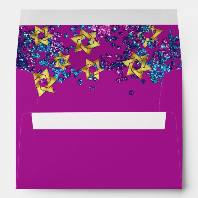 Elegant Bat Mitzvah Glittery Confetti Purple Envelope (Back (Bottom))