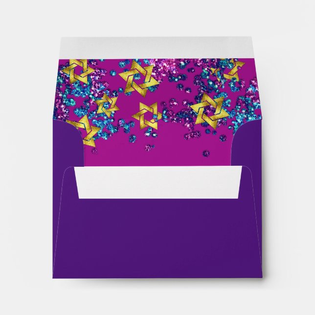 Elegant Bat Mitzvah Glittery Confetti Purple Envelope (Back (Bottom))
