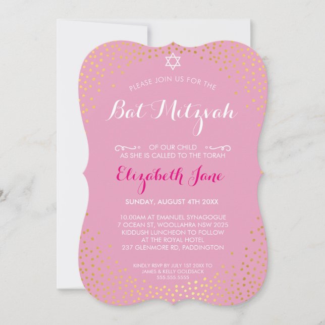 ELEGANT BAT MITZVAH mini rustic gold confetti pink Invitation (Front)