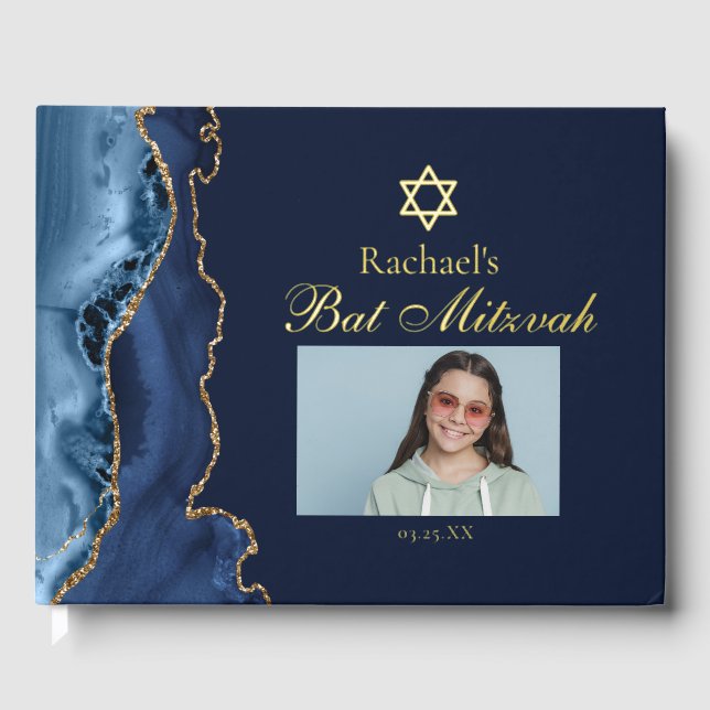Elegant Bat Mitzvah Navy Blue Gold Foil Guest Book (Front)