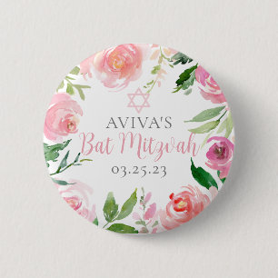 Elegant Bat Mitzvah Party Personalised Pink Floral 6 Cm Round Badge