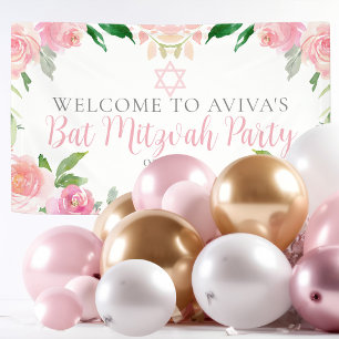 Elegant Bat Mitzvah Party Personalised Pink Floral Banner