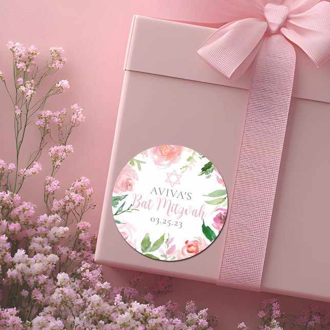 Elegant Bat Mitzvah Party Personalised Pink Floral Classic Round Sticker (Creator Uploaded)