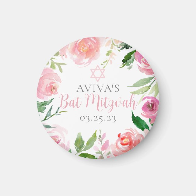 Elegant Bat Mitzvah Party Personalised Pink Floral Magnet (Front)