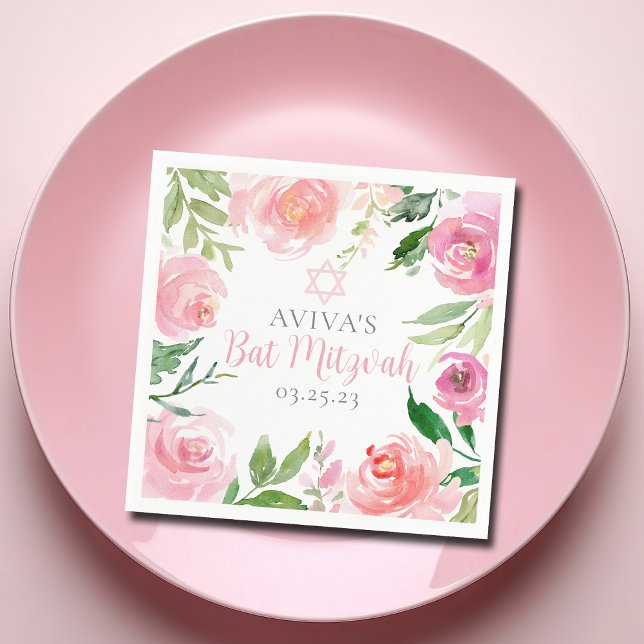 Elegant Bat Mitzvah Party Personalised Pink Floral Napkin (Creator Uploaded)