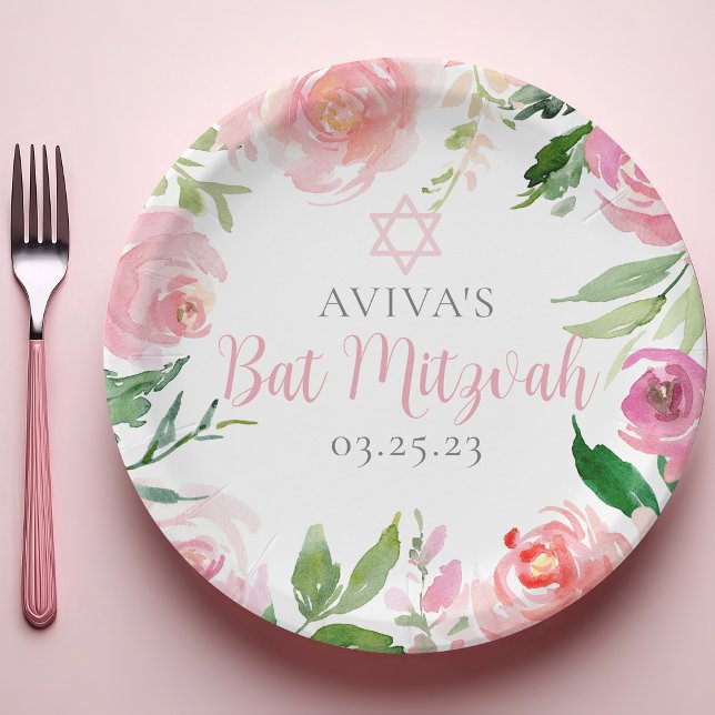 Elegant Bat Mitzvah Party Personalised Pink Floral Paper Plate (Creator Uploaded)