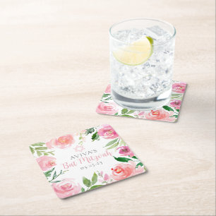 Elegant Bat Mitzvah Party Personalised Pink Floral Square Paper Coaster