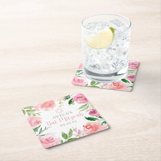 Elegant Bat Mitzvah Party Personalised Pink Floral Square Paper Coaster (Insitu)
